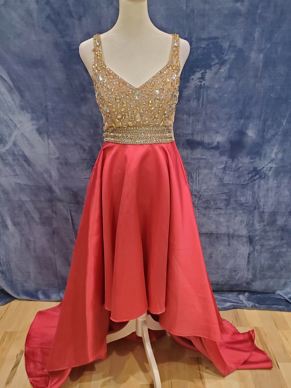 NWT Gorgeous Dress w/Pink Hi-Low Satin Skirt with Mesh Rhinestoned Bodice SZ 1